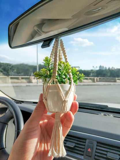 Mini Macrame Plant Car Accessories Rear View Mirrior Charm Cute Hanging Rearview Car Decor Boho Hanger with Artificial Succulent Plants Gifts for Plant Lover Set of 2, White