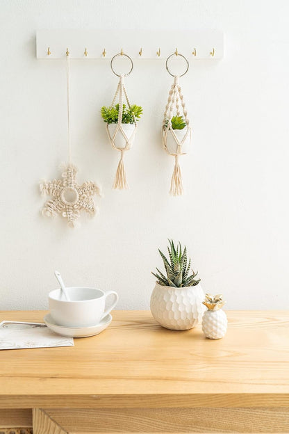 Mini Macrame Plant Car Accessories Rear View Mirrior Charm Cute Hanging Rearview Car Decor Boho Hanger with Artificial Succulent Plants Gifts for Plant Lover Set of 2, White