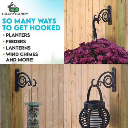 Outdoor Plant Hanger Hook, 6” Large Victorian Heavy Duty Iron Wall Hooks for Bird Feeders, Lanterns, Wind Chimes, Patio Decor - Black