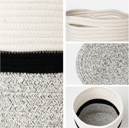 700701 Woven Cotton Rope Plant Basket for 7" Flower Pot Floor Indoor Planters, 8” X 7.5” Storage Basket Organizer Modern Home Decor, White Black Grey Stripes