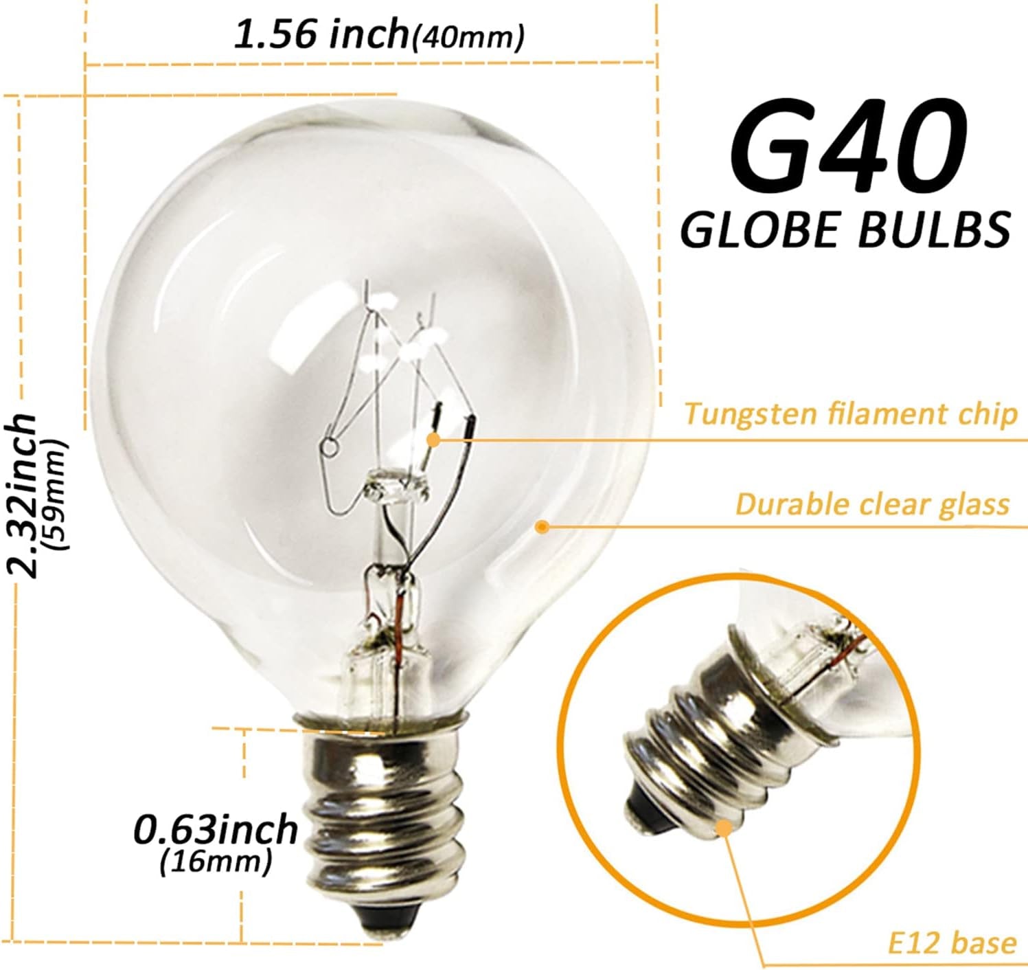 25Ft String Lights, G40 Outdoor Patio String Lights with 27 Clear Globe Bulbs (2 Spare), Globe String Lights for Indoor/Outdoor Commercial Decor, 25 Hanging Sockets, 5 Watt/E12 Base- White Wire