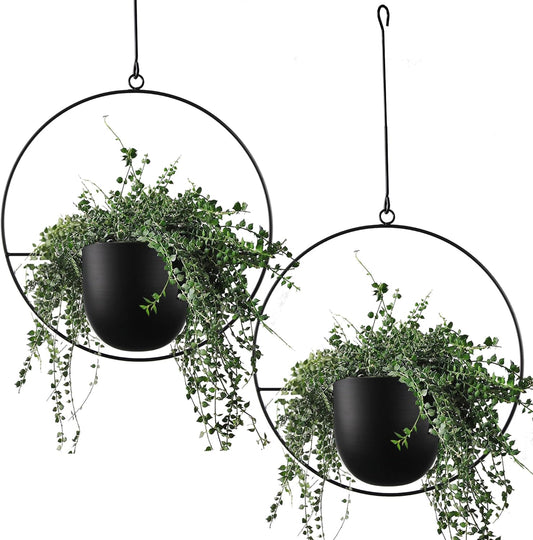 2 Pcs Hanging Planters for Indoor and Outdoor Plants with Hooks and Chains Metal Modern Wall Ceiling Planter Hangers Minimalist Flower Pot Holder Basket for Home Decor,Black