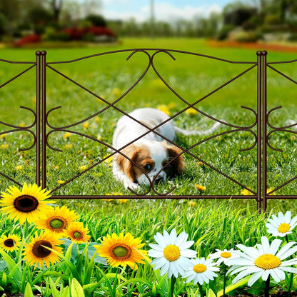 5 Panels Decorative Garden Fence 10Ft(L) X24In(H) Animal Barrier Dogs Rustproof Metal Landscape Wire Fencing Folding Wire Patio Fences Flower Bed Border Edge Brown ET306