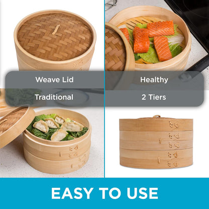 10-Inch Bamboo Steamer - Classic 2 Tier Design for Steaming Veggies, Dumplings, Dim Sum, Chicken, Fish, & Asian Food - Natural Eco-Friendly Steaming Basket, Ideal for Healthy Cooking