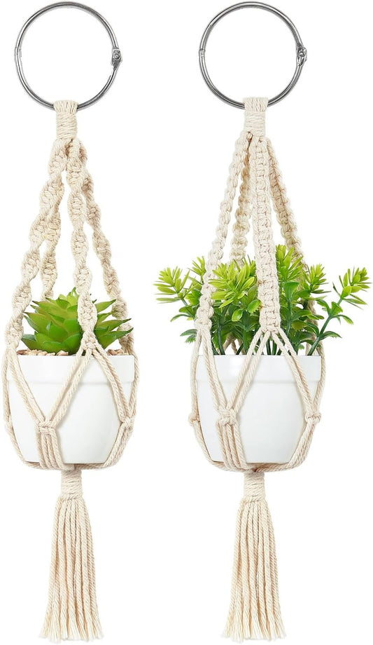 Mini Macrame Plant Car Accessories Rear View Mirrior Charm Cute Hanging Rearview Car Decor Boho Hanger with Artificial Succulent Plants Gifts for Plant Lover Set of 2, White