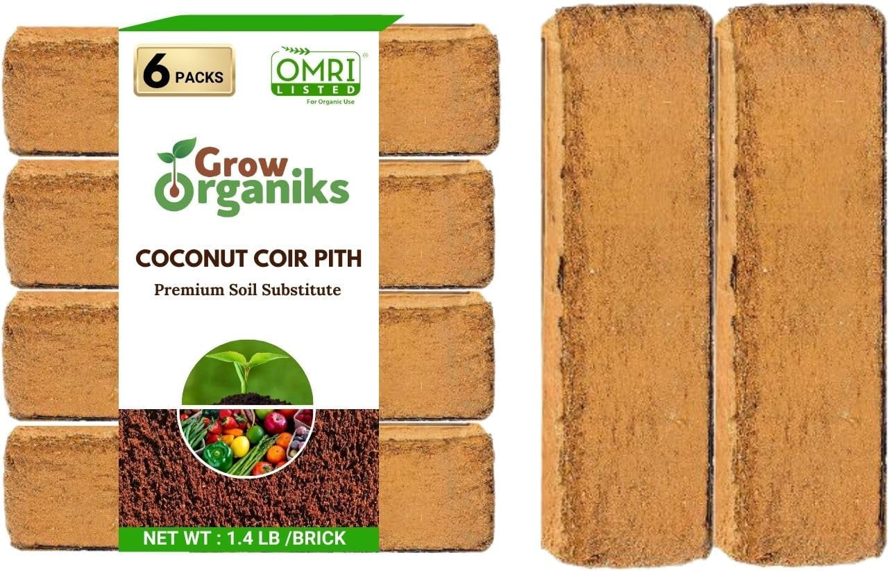 6 Pack Premium Coco Coir Brick for Plants | 100% Organic Compressed Coconut Coir Bricks Starting Mix, Coco Coir Fiber Coconut Husk for Planting, Gardening, Potting Soil Substrate, Herbs, 1.4 Lb/Brick