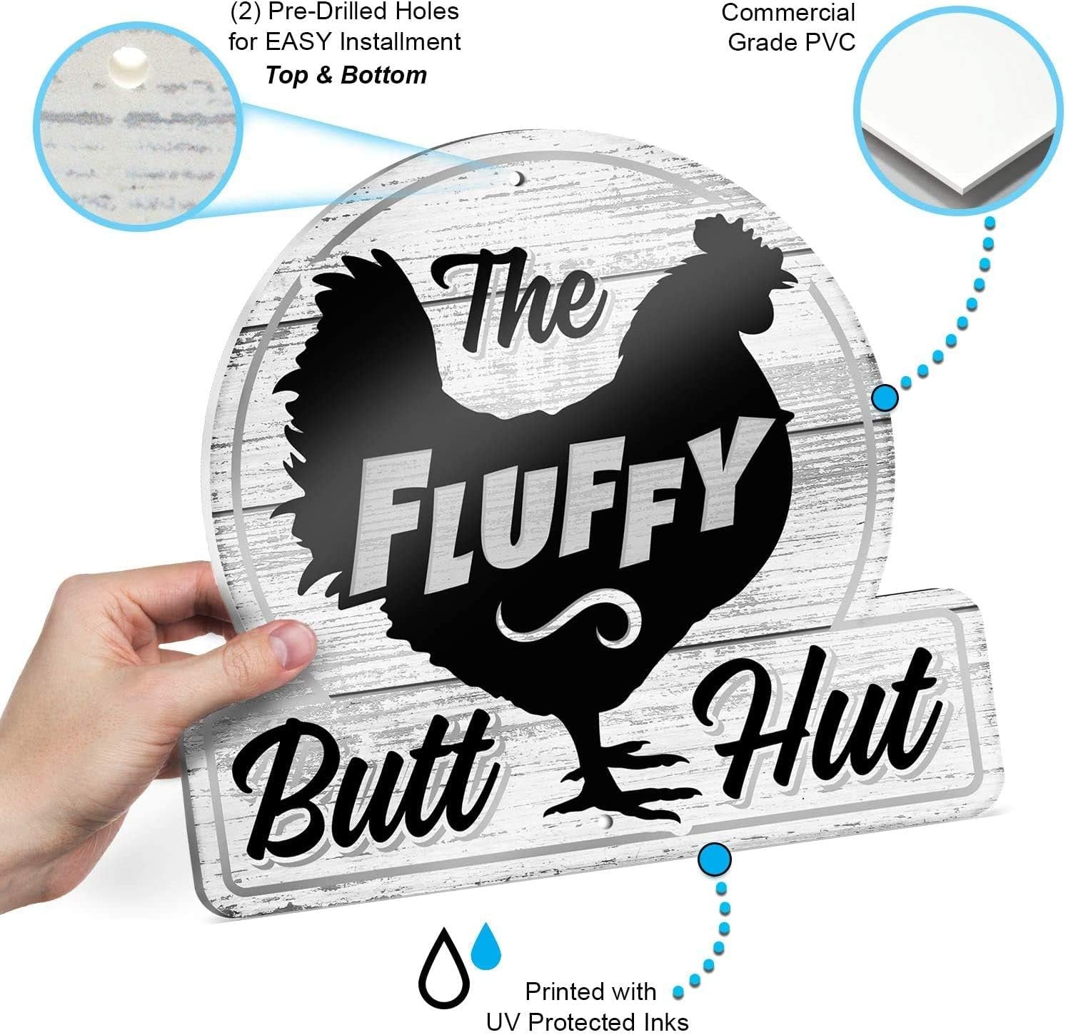 Fluffy Butt Hut Chicken Coop Sign - Funny Chicken Coop Decor for Hen Lovers, 12"X11" PVC Durable and Weatherproof - Thoughtful Gift for Chicken Lovers, Hen Feeder and Nesting Box Accent