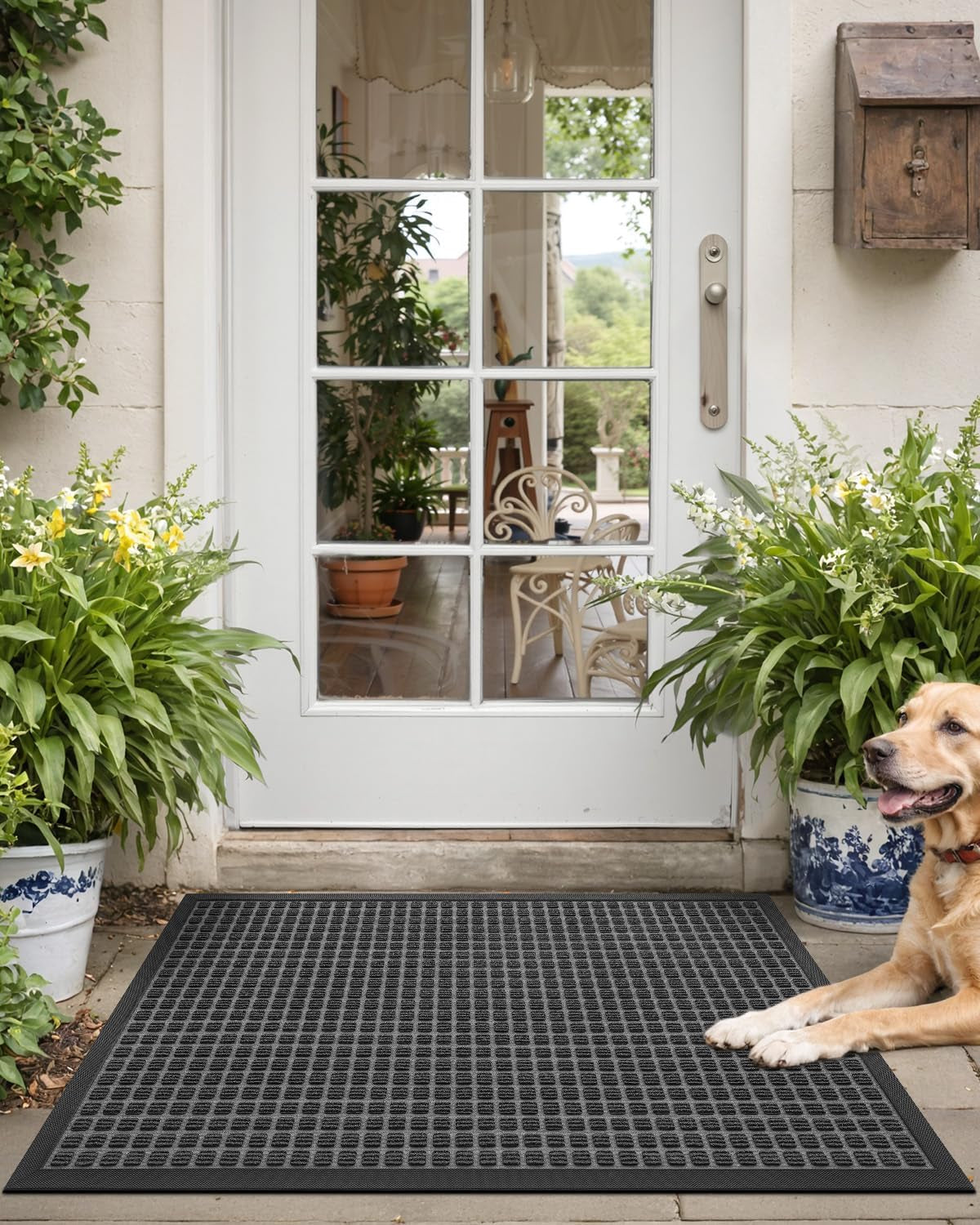 Front Door Mat outside Entrance, Heavy Duty Rubber Backed Doormat, Stain and Fade Resistant, Low-Profile Easy Clean Entryway Floor Mats, 17X29, Squares Grey