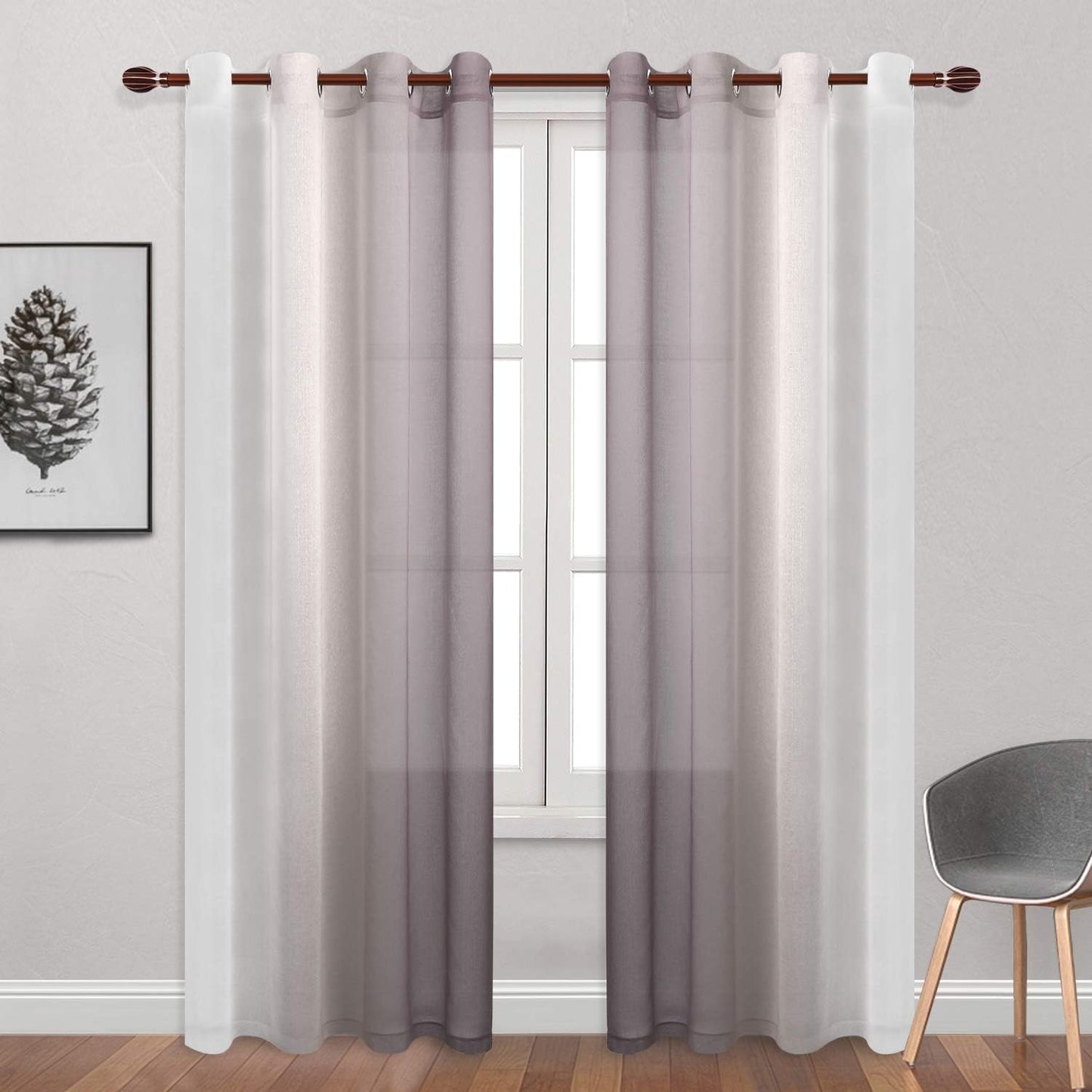 Ombre Faux Linen Sheer Curtains - Gradient Semi Voile Grommet Top Curtains for Bedroom and Living Room, Set of 2 Window Curtain Panels, 52 X 84 Inches Long, Rose Grey