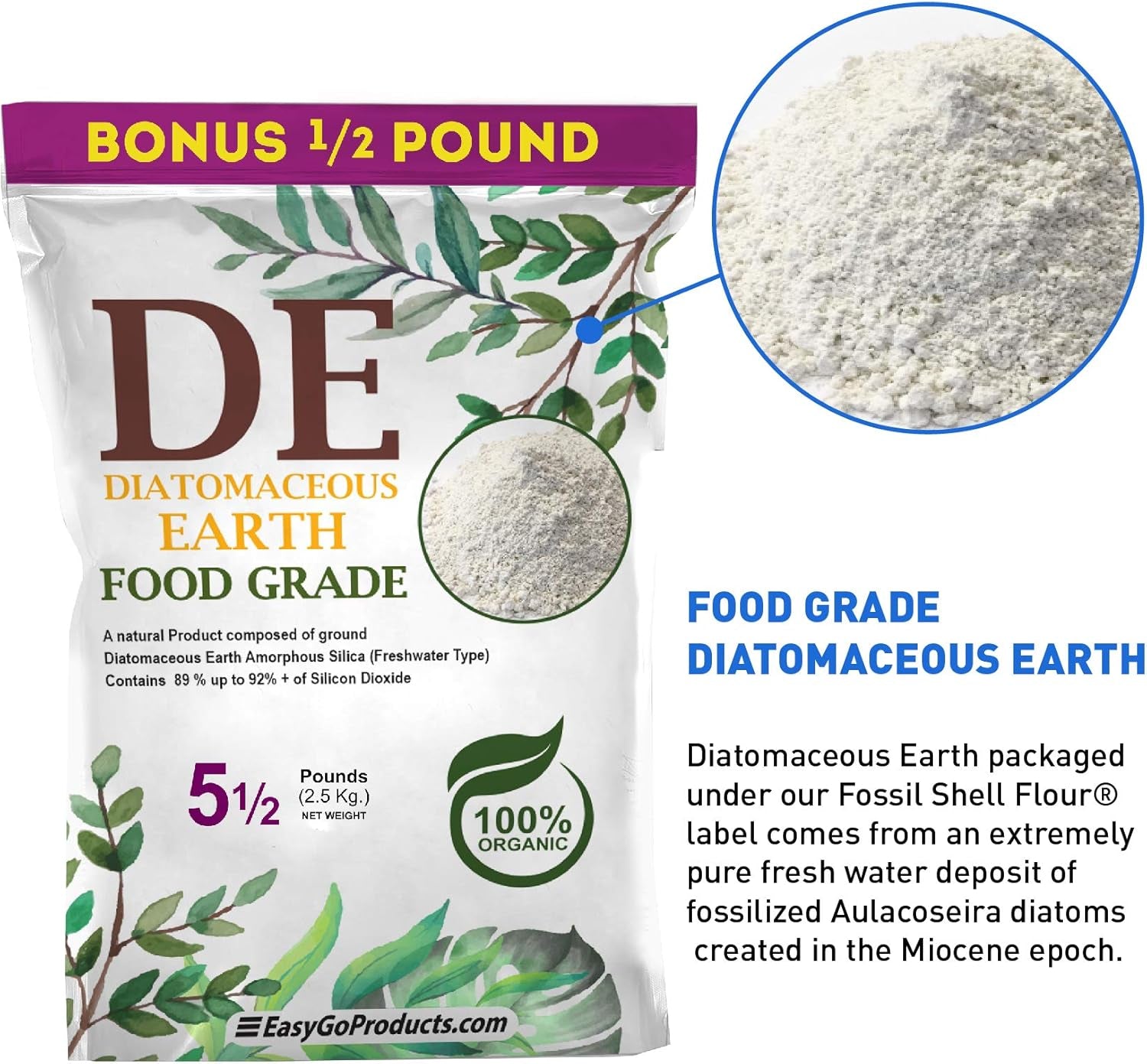 Diatomaceous Earth Food Grade – 100% Natural Organic – Safe for Humans and Pets – Fresh Water Powder – Sealed Bag