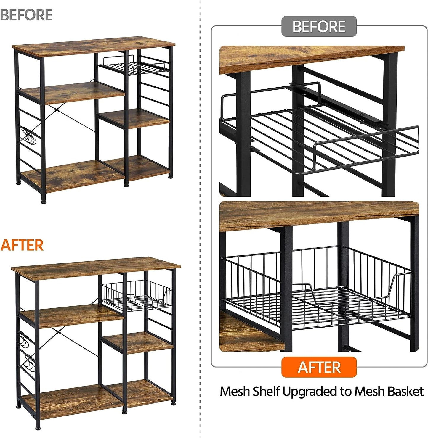 4-Tier Kitchen Baker'S Rack, Coffee Bar Microwave Stand Cart with Wire Basket & 6 Side Hooks, Kitchen Organizer Shelf for Spices/Utensils Foods, Rustic Brown