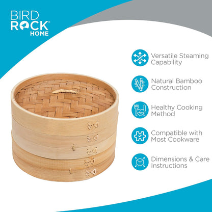 10-Inch Bamboo Steamer - Classic 2 Tier Design for Steaming Veggies, Dumplings, Dim Sum, Chicken, Fish, & Asian Food - Natural Eco-Friendly Steaming Basket, Ideal for Healthy Cooking