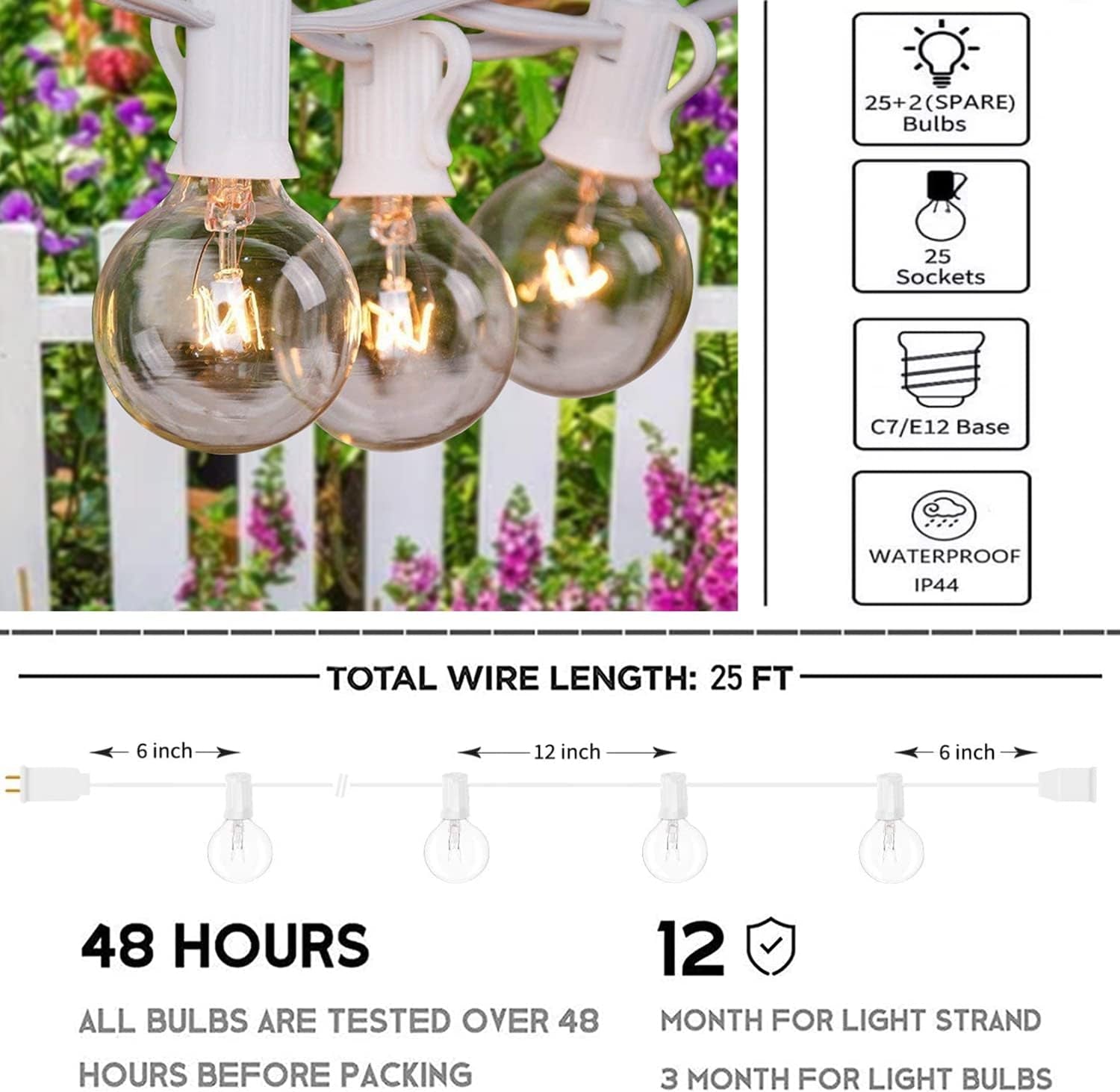 25Ft String Lights, G40 Outdoor Patio String Lights with 27 Clear Globe Bulbs (2 Spare), Globe String Lights for Indoor/Outdoor Commercial Decor, 25 Hanging Sockets, 5 Watt/E12 Base- White Wire