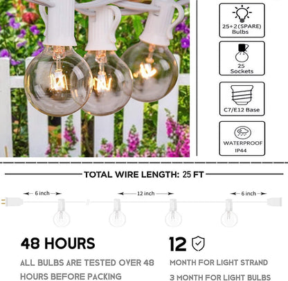 25Ft String Lights, G40 Outdoor Patio String Lights with 27 Clear Globe Bulbs (2 Spare), Globe String Lights for Indoor/Outdoor Commercial Decor, 25 Hanging Sockets, 5 Watt/E12 Base- White Wire