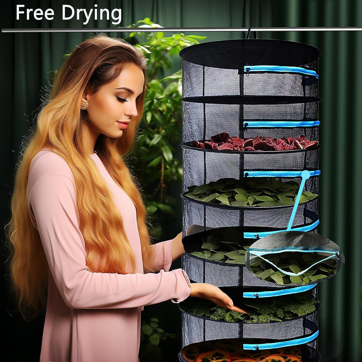 2Ft 8 Layer Herb Drying Rack Hanging Dryer Dry Net, Plant Dry Mesh Rack Hanging with Blue Zipper & Pruning Shear for Garden Hydroponics,Bud Seed, Vegetable Meat Fish