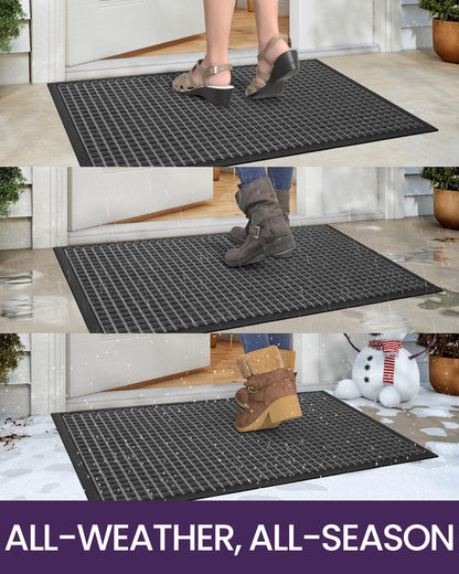 Front Door Mat outside Entrance, Heavy Duty Rubber Backed Doormat, Stain and Fade Resistant, Low-Profile Easy Clean Entryway Floor Mats, 17X29, Squares Grey