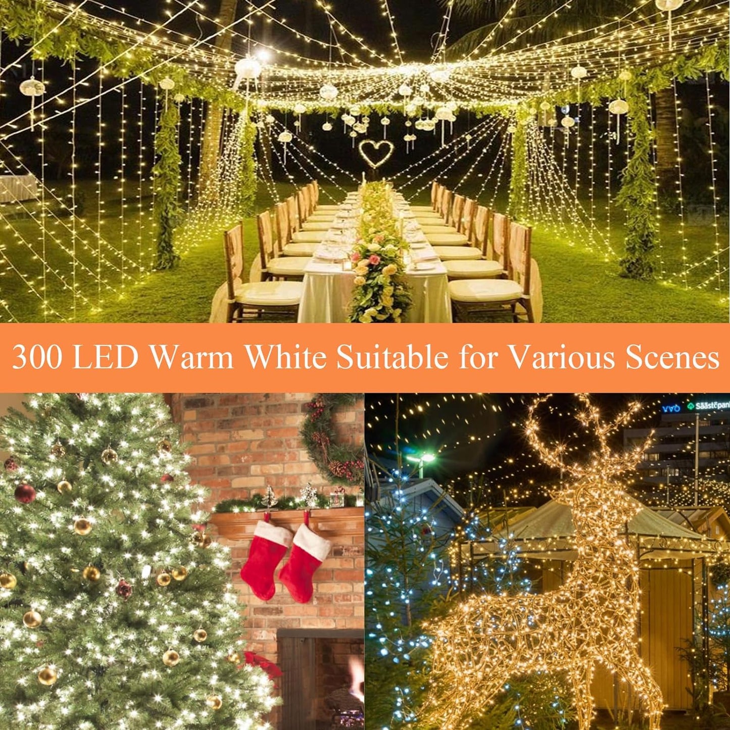 Warm White Christmas String Lights Indoor/Outdoor, 115FT 300LED Waterproof Christmas Lights with 8 Modes, Clear Wire Fairy Christmastree Lights for Garden Bedroom Christmas Decorations (Warm)