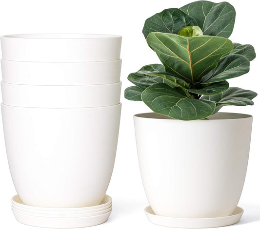 7.5" Plastic Plant Pots with Saucers, Indoor Set of 5, Cream White