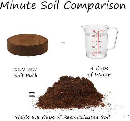 Minute Soil - Compressed Coco Coir Fiber Grow Medium - 100 MM Discs - 10 Pack = 4.25 Gallons of Potting Soil - Gardening, House Plants, Flowers, Herbs, Microgreens, Wheatgrass - Just Add Water - OMRI