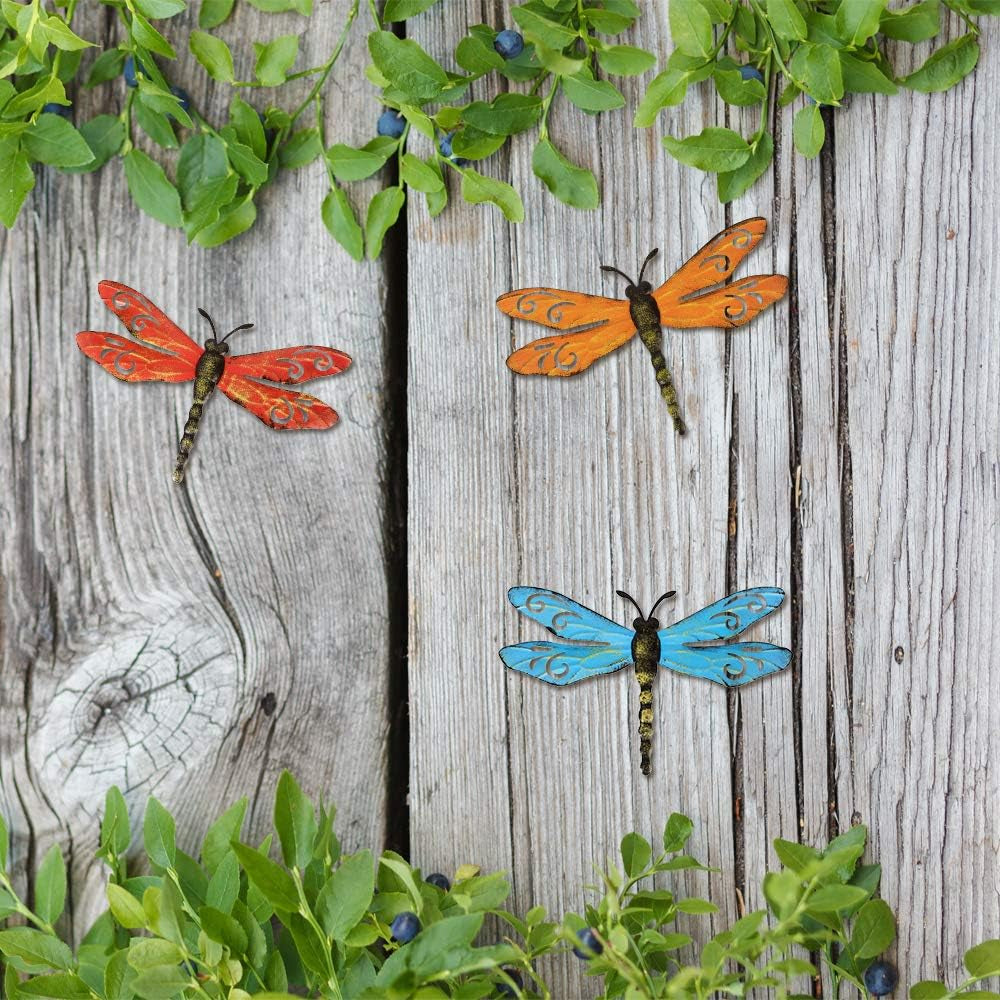 Metal Dragonfly Wall Decor Outdoor Garden Fence Art,Hanging Decorations for Living Room, Bedroom, 3 Pack