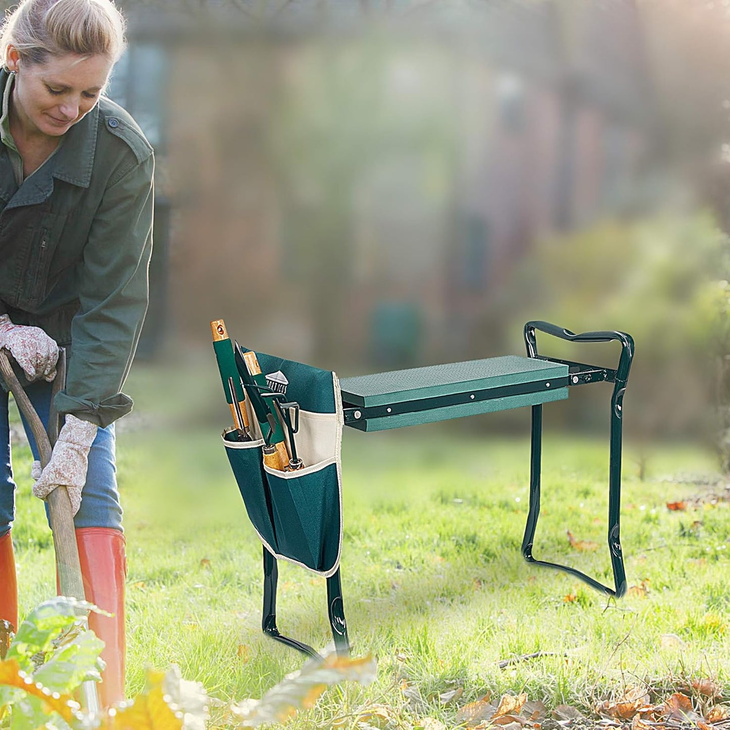 Folding Garden Kneeler Seat Portable Bench Stool with Soft Kneeling Foam Pad and Tool Pouch for Gardening,Fishing