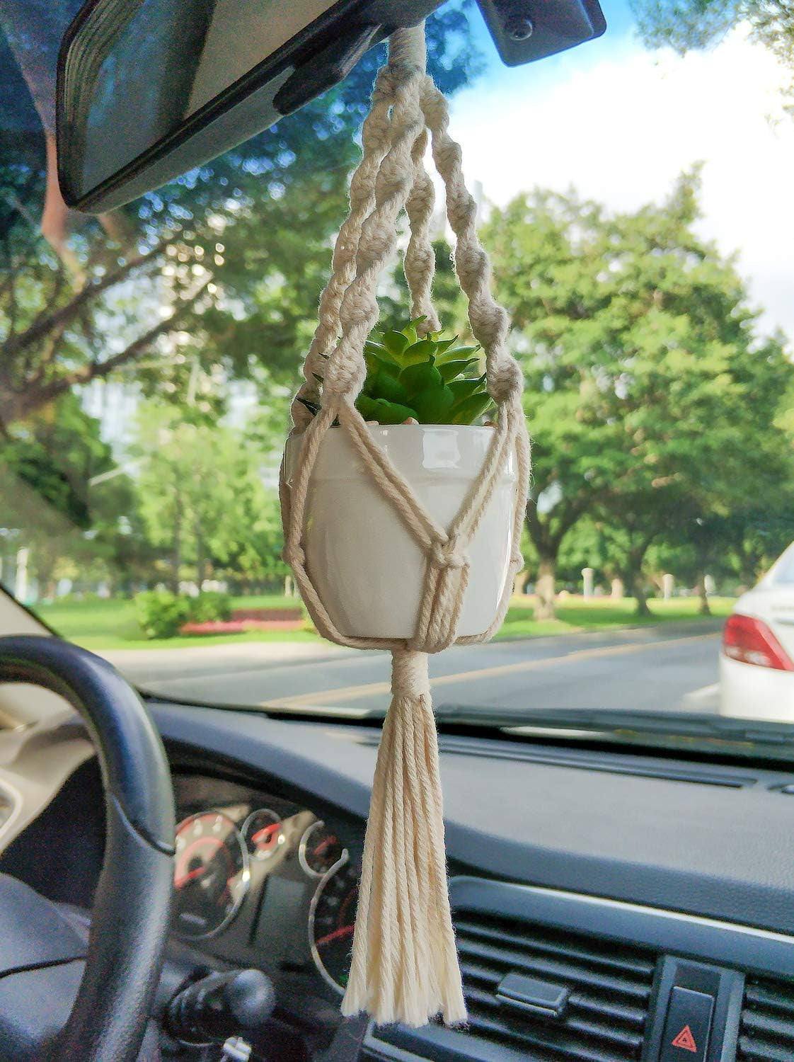 Mini Macrame Plant Car Accessories Rear View Mirrior Charm Cute Hanging Rearview Car Decor Boho Hanger with Artificial Succulent Plants Gifts for Plant Lover Set of 2, White