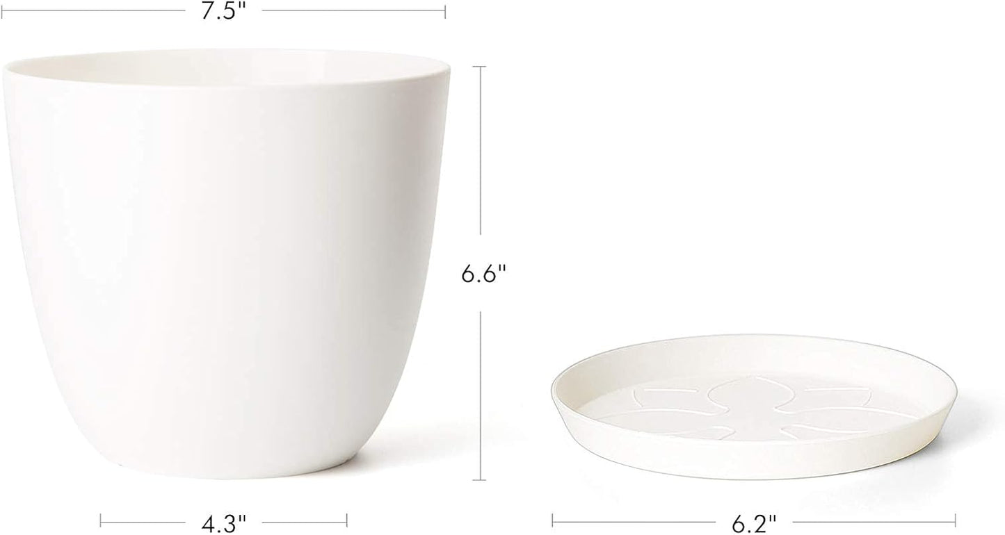 7.5" Plastic Plant Pots with Saucers, Indoor Set of 5, Cream White