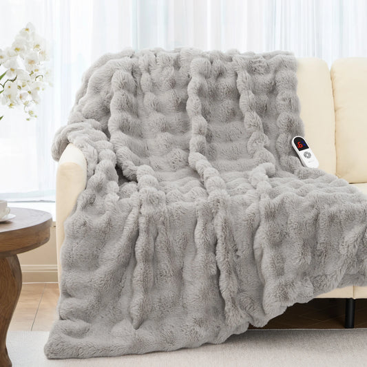 Electric Throw Blanket 50"X60", Faux Fur Heated Throw, 6 Heating Levels, 4 Hours Timer, Machine Washable, Gray