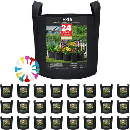 24-Pack 3 Gallon Nonwoven Grow Bags, Plant Grow Bags，Heavy Duty Aeration Fabric Pots with Durable Handles, Come with 24 Pcs Plant Labels