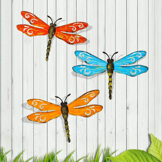 Metal Dragonfly Wall Decor Outdoor Garden Fence Art,Hanging Decorations for Living Room, Bedroom, 3 Pack