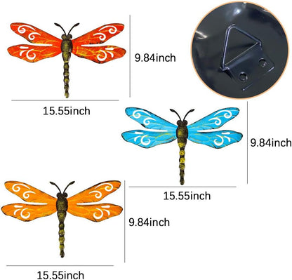 Metal Dragonfly Wall Decor Outdoor Garden Fence Art,Hanging Decorations for Living Room, Bedroom, 3 Pack