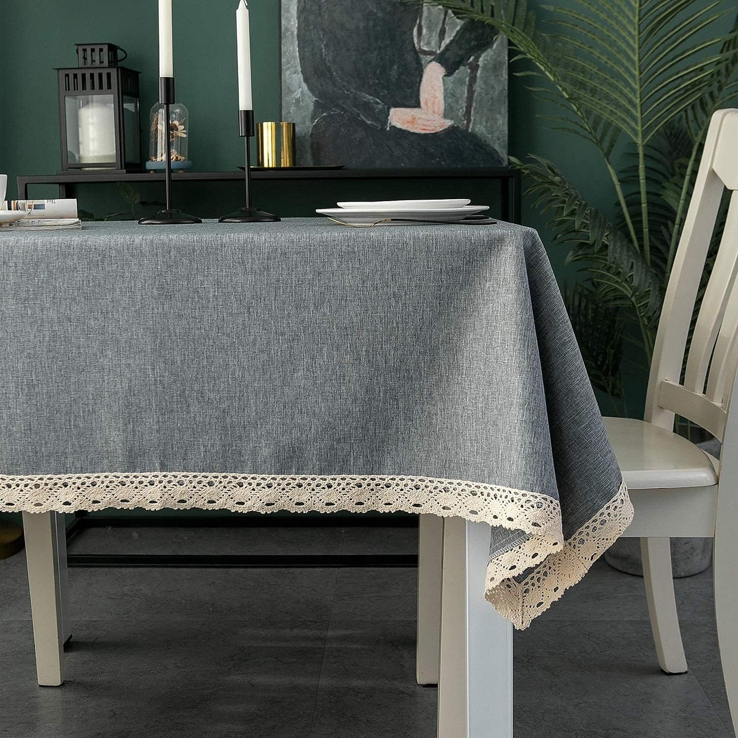 Faux Linen Tablecloth with Lace Trim - Waterproof/Spill Proof/Stain Resistant/Wrinkle Free/Oil Proof - for Banquet, Parties, Dinner,Kitchen,Wedding,Coffee,Holiday,Grey Square 52X52Inch