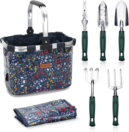 Garden Tools Set with 7 Pieces Hand Tools for Women, Garden Tools Bag with Heavy Duty Tools, Garden Tool Organizer with Foldable Handle, Gardening Gifts for Mom Thanksgiving Day-Multi-Color