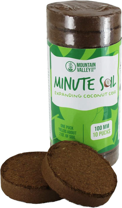 Minute Soil - Compressed Coco Coir Fiber Grow Medium - 100 MM Discs - 10 Pack = 4.25 Gallons of Potting Soil - Gardening, House Plants, Flowers, Herbs, Microgreens, Wheatgrass - Just Add Water - OMRI