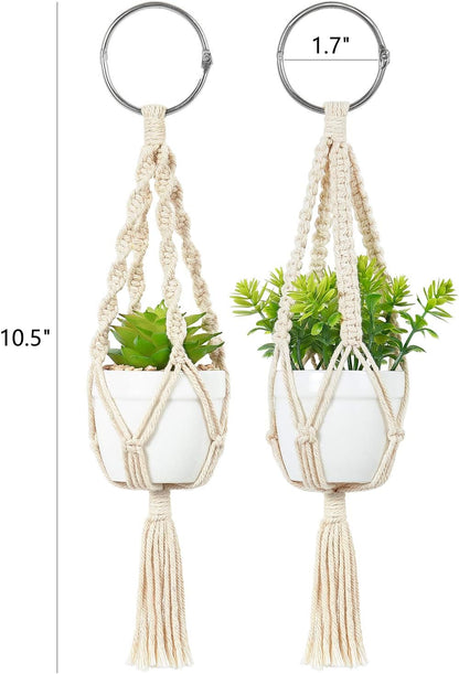 Mini Macrame Plant Car Accessories Rear View Mirrior Charm Cute Hanging Rearview Car Decor Boho Hanger with Artificial Succulent Plants Gifts for Plant Lover Set of 2, White