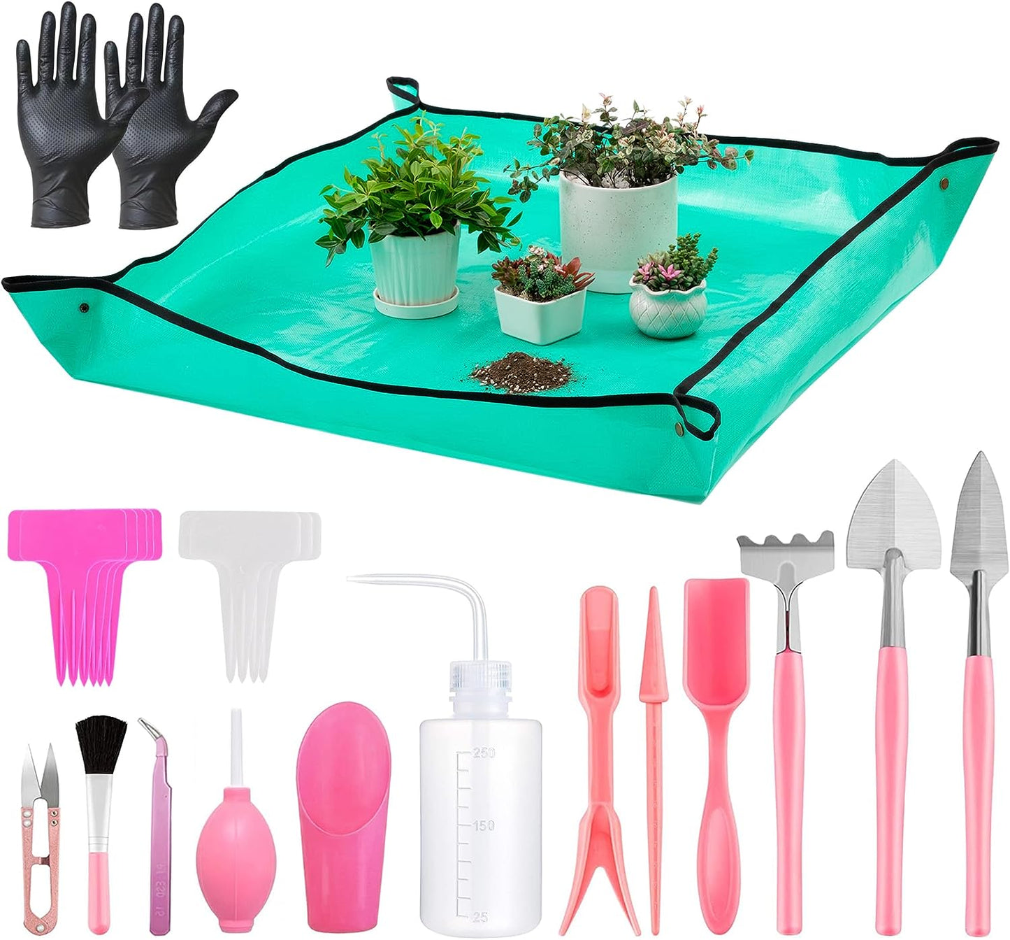 25Pcs Mini Garden Hand Transplanting Succulent Tools Set, 39.4" Thickened Repotting Mat & Plant Tag, Miniature Planting Indoor Fairy Care, Potting, Cactus, Houseplant Bonsai Tool Kit (Pink)