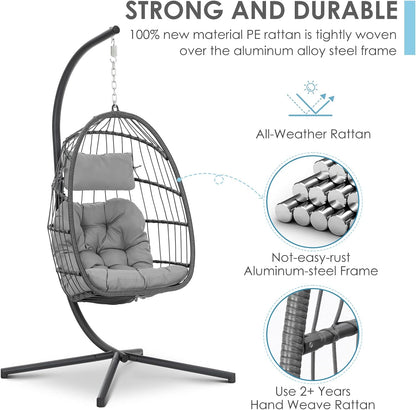 Swing Egg Chair, Hammock Chair, Hanging Chair, Aluminum Frame and UV Resistant Cushion with Steel Stand for Indoor Outdoor Patio Bedroom Wicker Rattan Hand Made Chair 350LBS Capacity